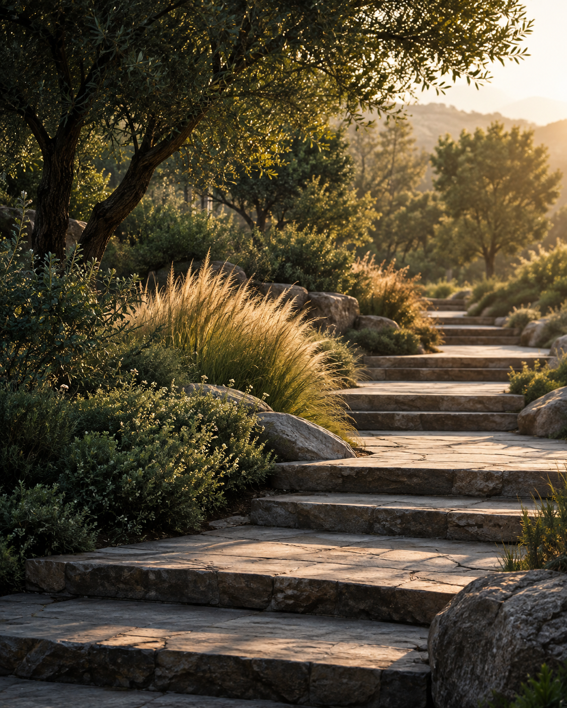An empty garden path in warm morning light