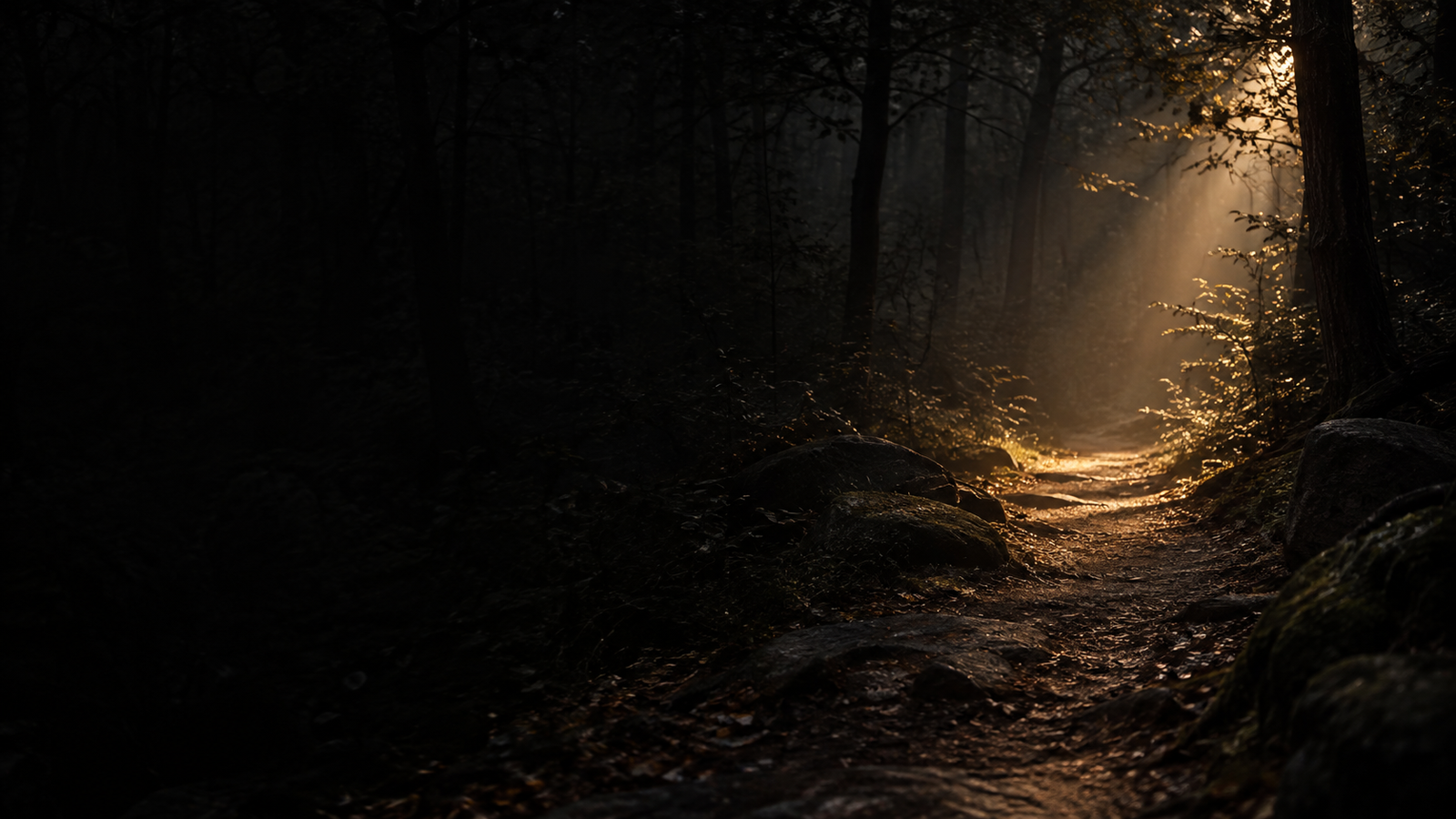 A woodland path emerging into warm light