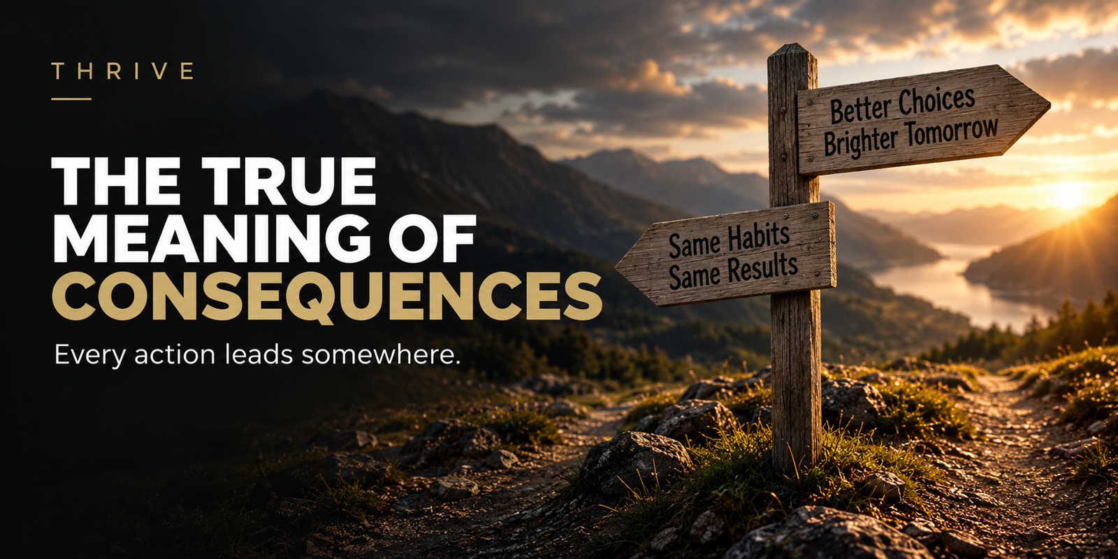 A mountain path and signpost showing the different consequences of our choices