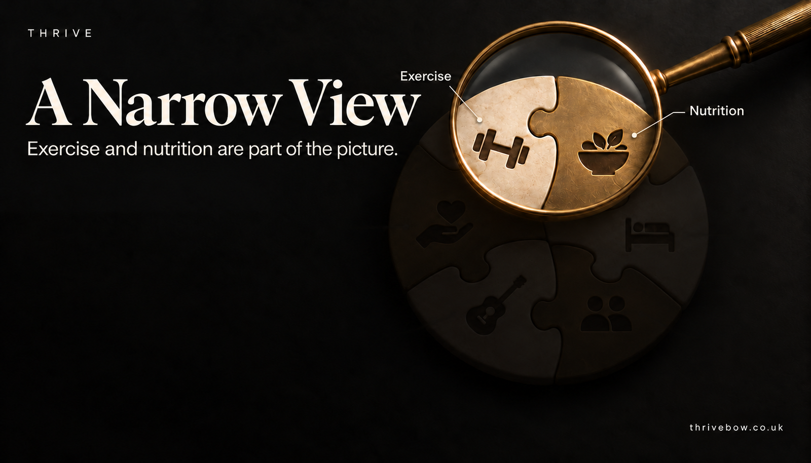 Exercise and nutrition are illuminated through a magnifying glass while the other four areas of the health jigsaw are obscured in shadow.
