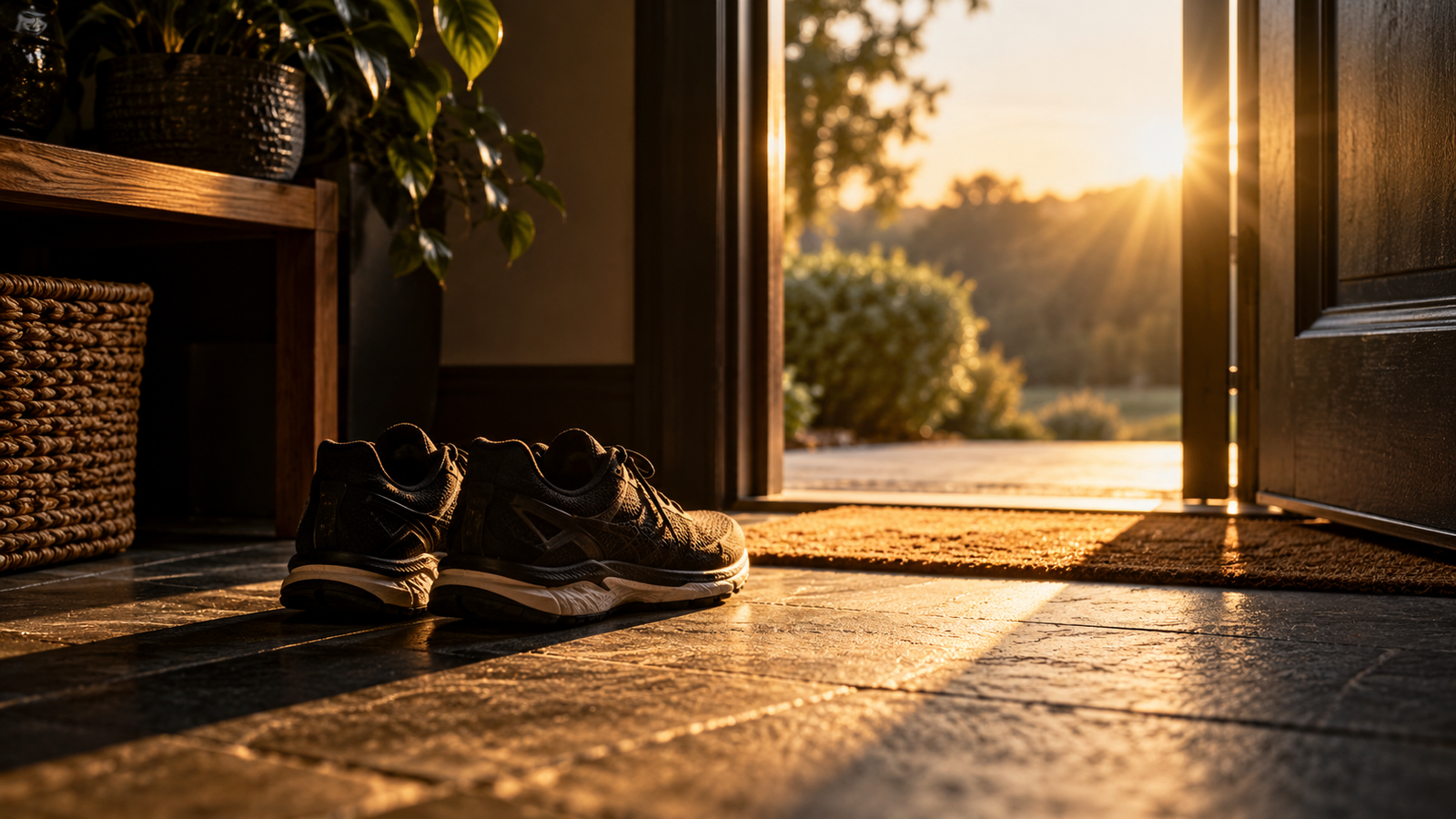 Black running shoes ready by an open door, lit by warm morning sunlight.