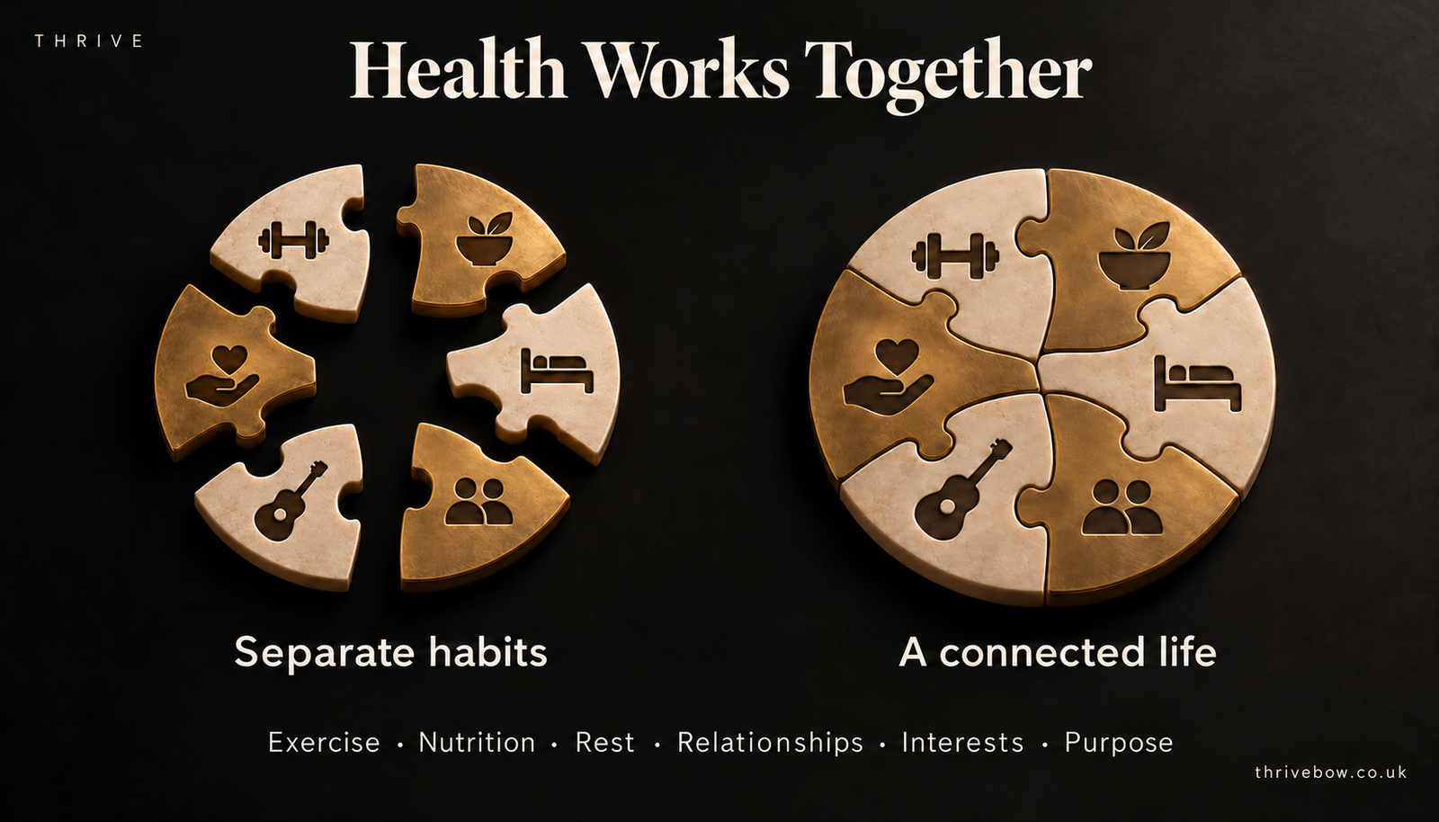 Six circular jigsaw pieces move from separate habits into one connected whole, representing exercise, nutrition, rest, relationships, interests and purpose.